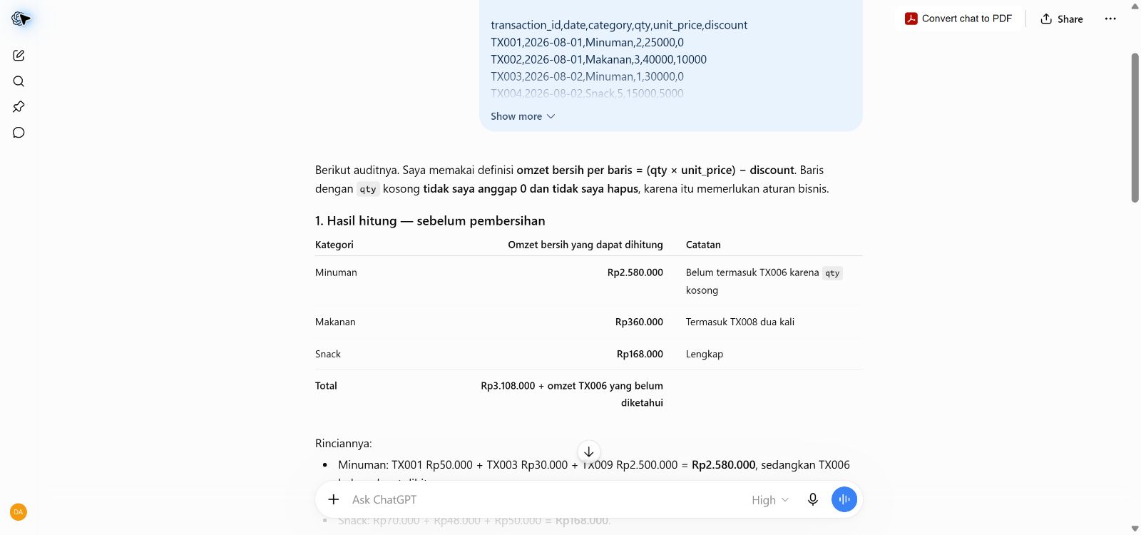 Hasil ChatGPT Plus pada audit CSV cocok dengan ground truth Rp3.108.000