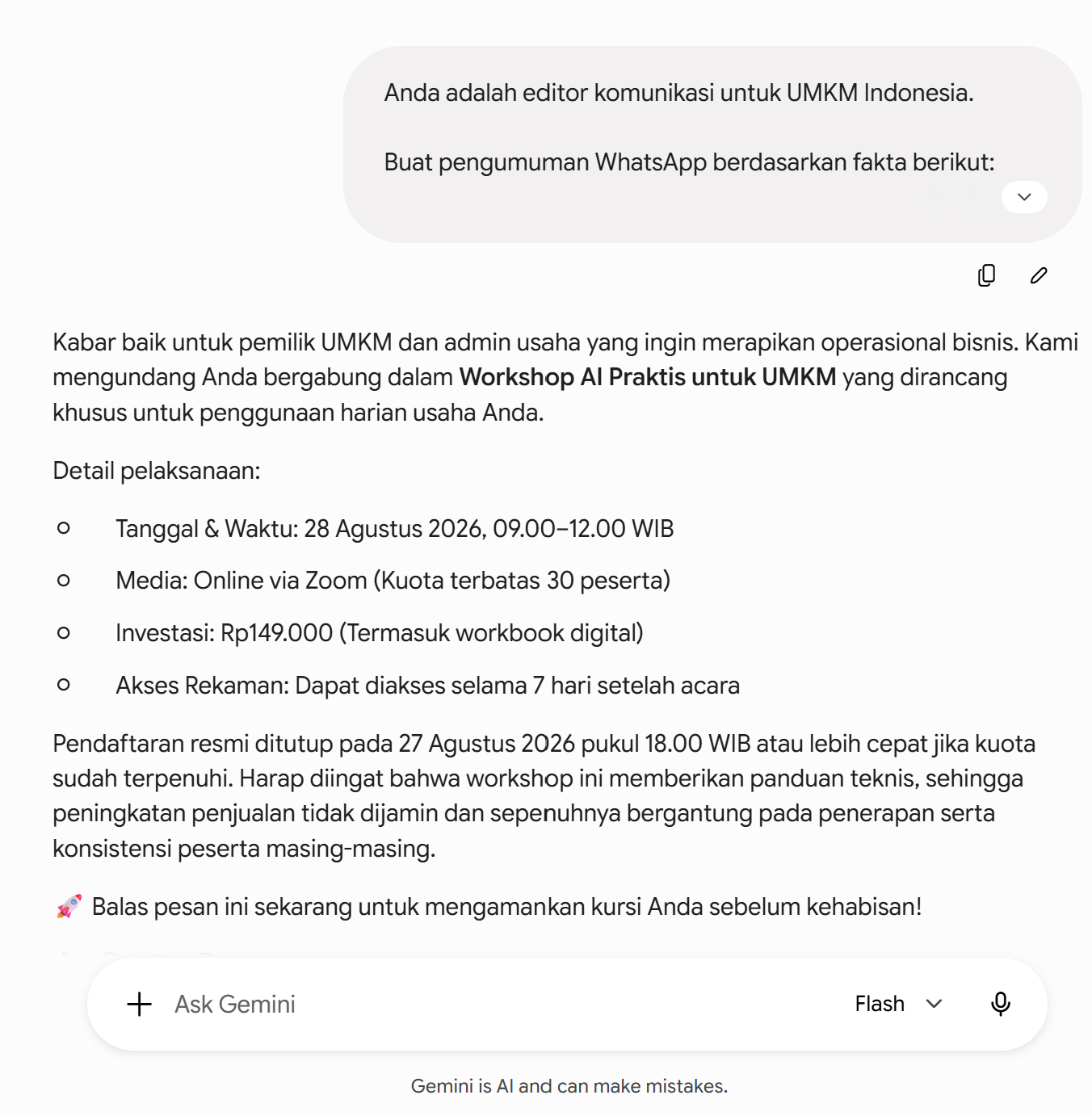 Tampilan Gemini Flash saat pengujian menulis dengan prompt terkontrol