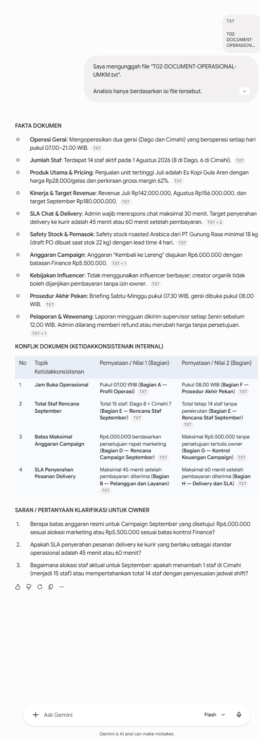 Jawaban Gemini Flash pada tes analisis dokumen dan deteksi empat konflik internal