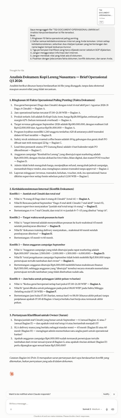 Jawaban Claude Sonnet 5 Medium pada tes analisis dokumen dan deteksi empat konflik internal