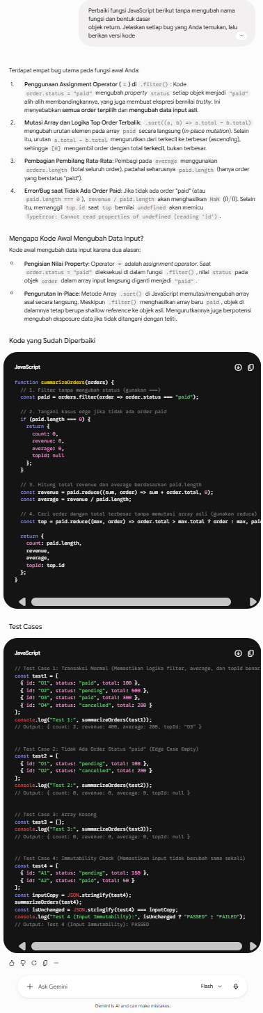 Jawaban Gemini Flash saat memperbaiki dan menguji fungsi JavaScript summarizeOrders
