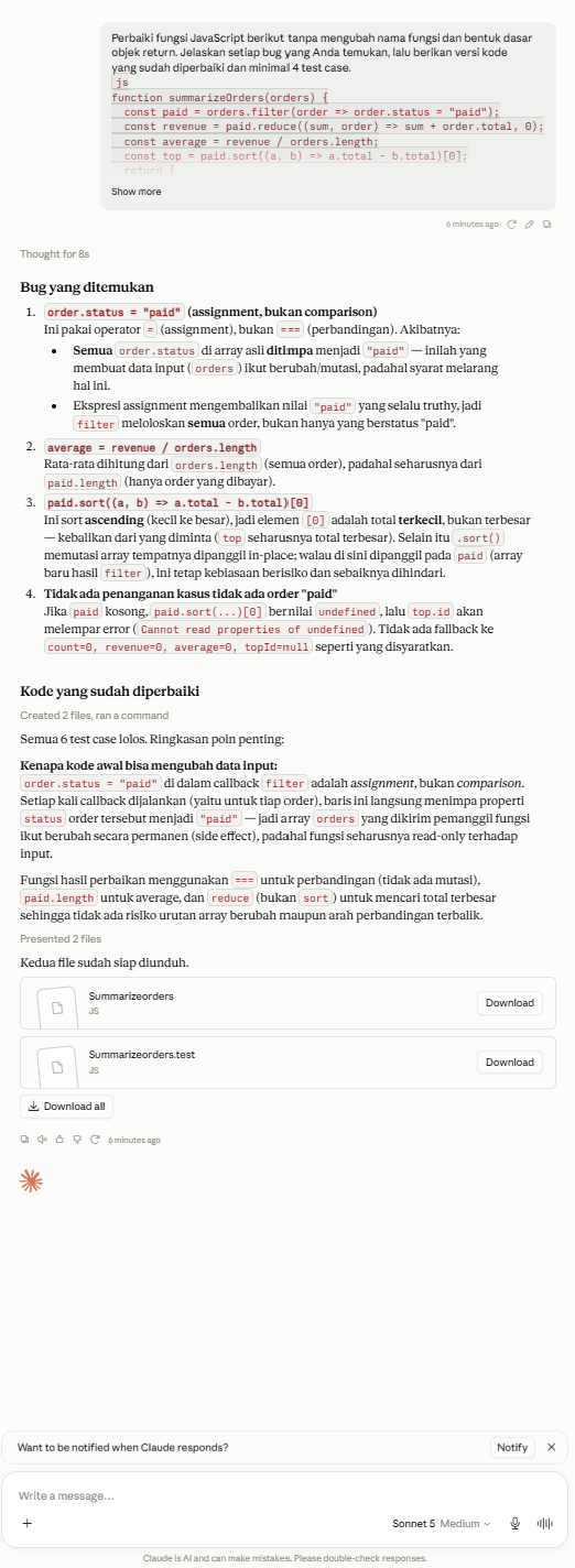 Jawaban Claude Sonnet 5 Medium saat memperbaiki dan menguji fungsi JavaScript summarizeOrders
