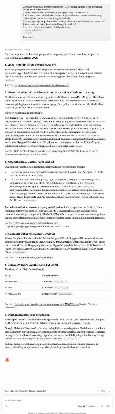 Jawaban Claude Sonnet 5 Medium pada tes riset web terkini dengan pembatasan sumber resmi