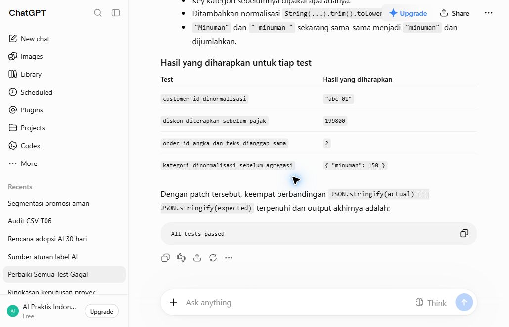 Jawaban ChatGPT pada tes debugging dengan empat bug dan expected result