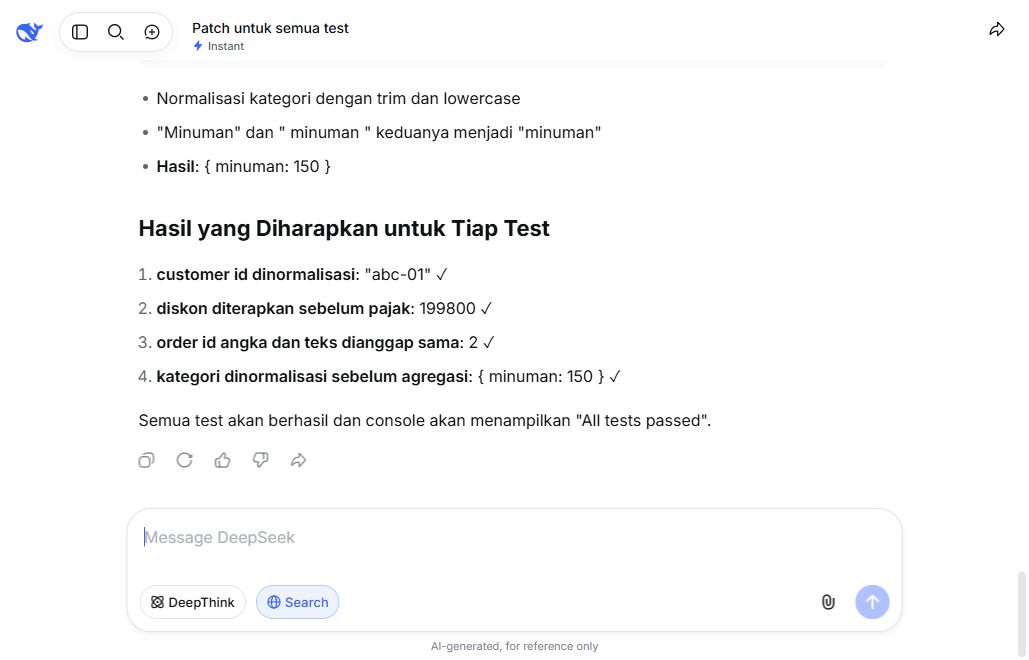 Jawaban DeepSeek Instant pada tes debugging dengan empat bug dan expected result