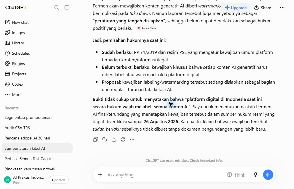 Jawaban ChatGPT yang menyatakan bukti kewajiban khusus label AI belum cukup
