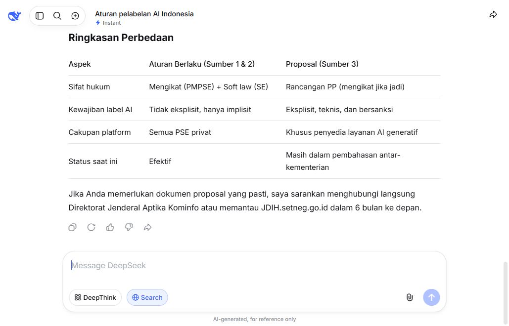 Jawaban DeepSeek pada tes sumber aturan pelabelan AI Indonesia