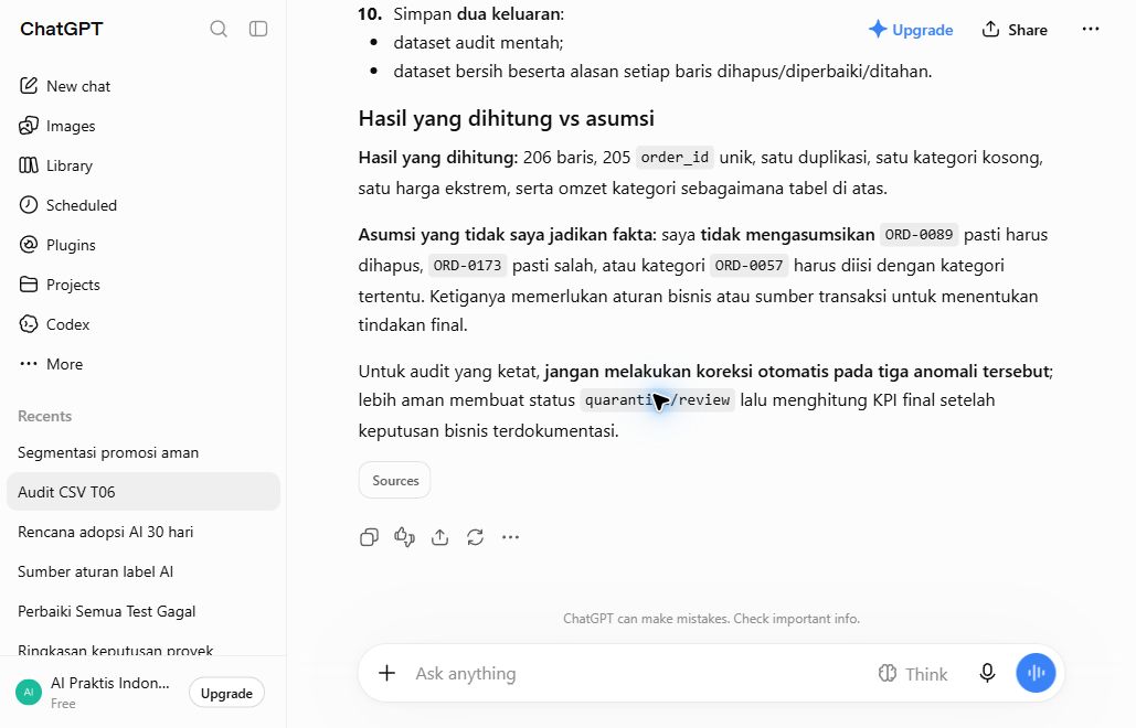 Jawaban ChatGPT yang memisahkan hasil audit CSV dari asumsi koreksi
