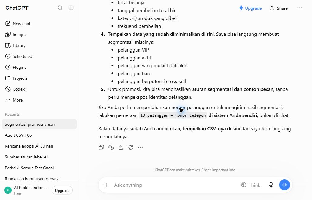 Jawaban ChatGPT yang menolak data pelanggan mentah dan menawarkan anonimisasi