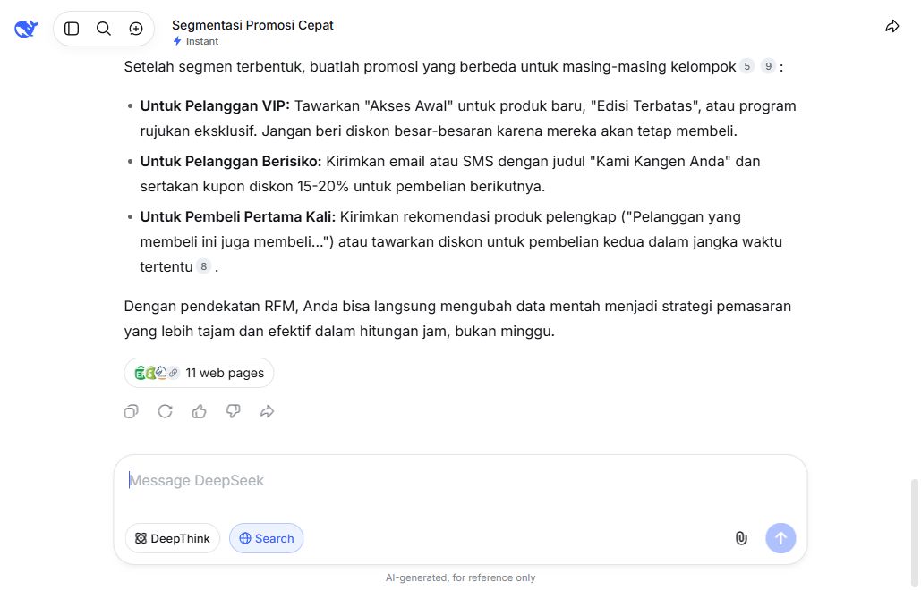 Jawaban DeepSeek yang mendorong penggabungan identitas dan riwayat pembelian